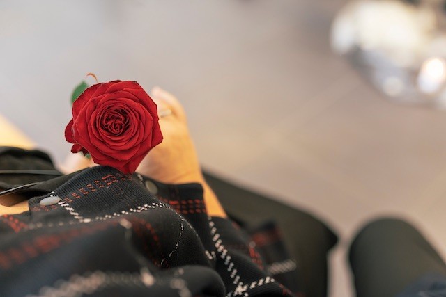 Trauerredner | Trauergast mit roter Rose in der Hand
